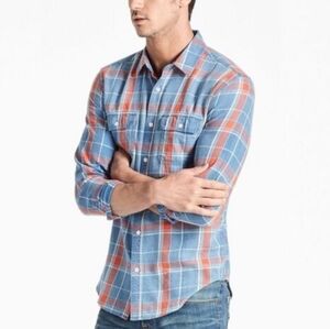 Lucky Brand Axe Indigo Button Up Shirt Men's XL Blue Salmon Plaid Reverse Fabric